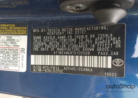 2007 Toyota Camry Le from USA, damaged, VIN 4T1BE46K87U135509